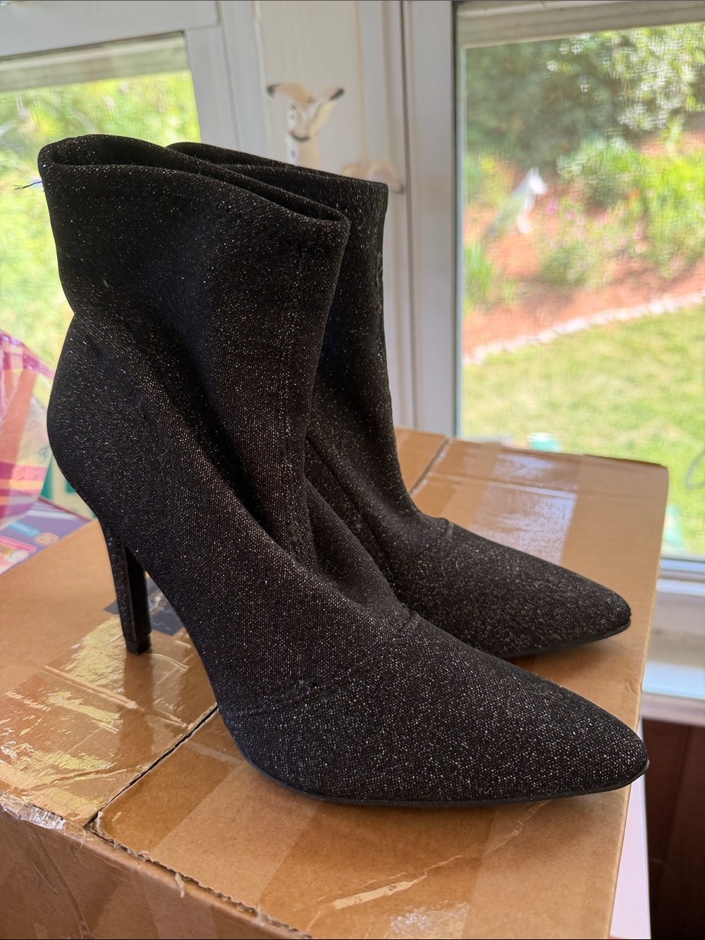 Black Sparkle Pointed Toe Stiletto Ankle Boots - Women